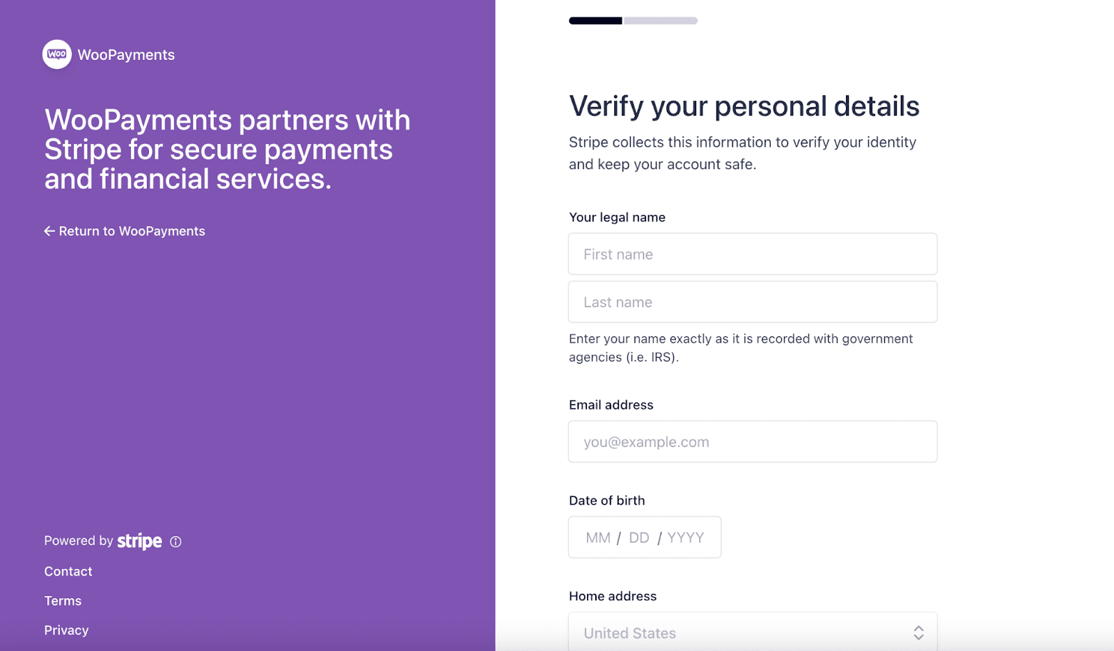 Verifica tus datos personales para empezar a aceptar pagos de WooCommerce.