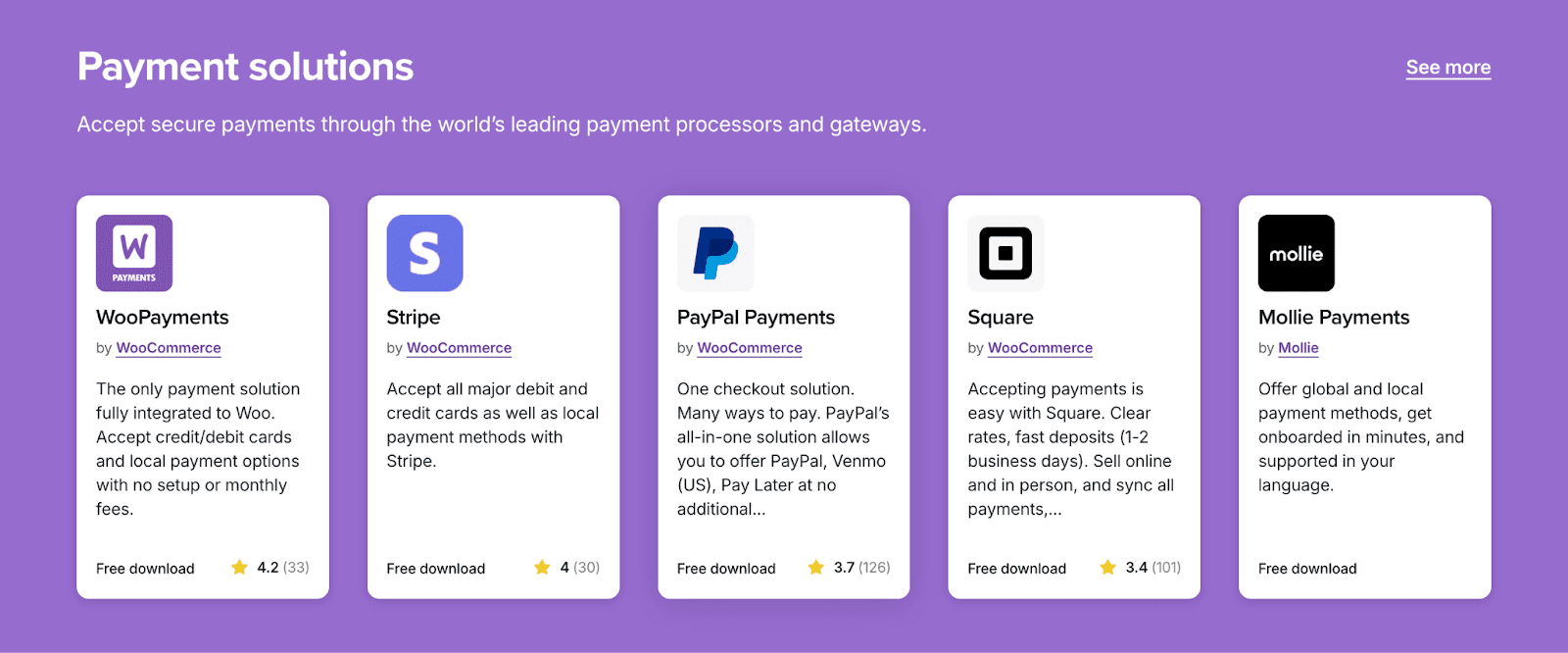 Algunas de las pasarelas de pago más populares de WooCommerce.