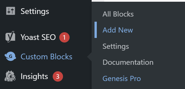 Ve a Bloques personalizados &gt; Agregar nuevo en tu panel de control de WordPress.