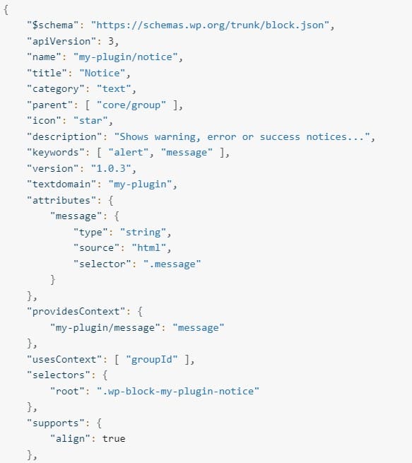 Debe configurar los ajustes de su archivo block.json, incluida la versión de la API.