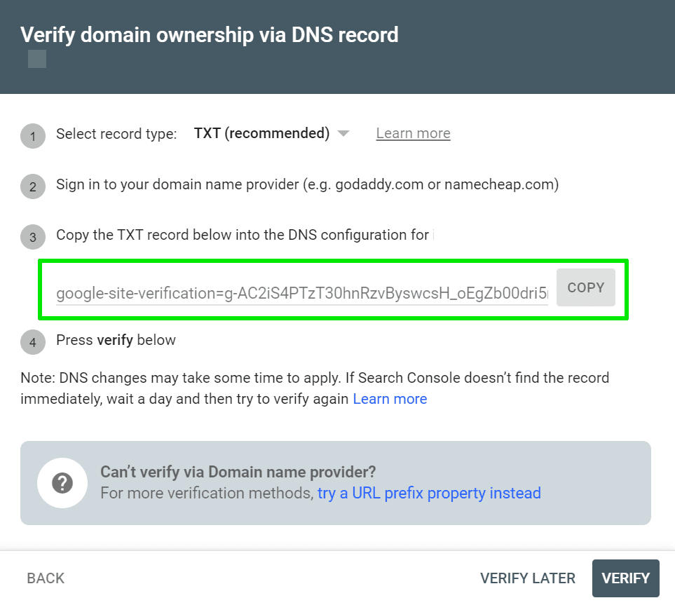 verificar el sitio web en los registros DNS de Google Search Console