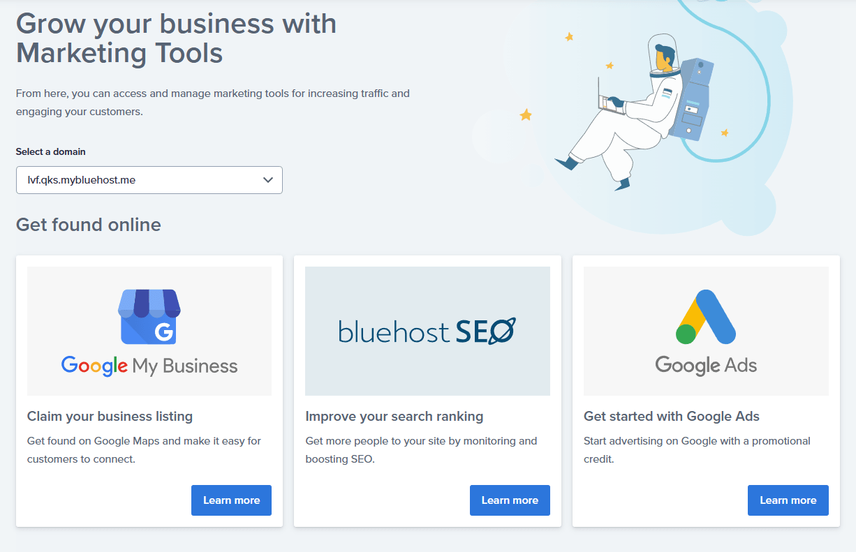Herramientas de marketing ofrecidas por Bluehost.