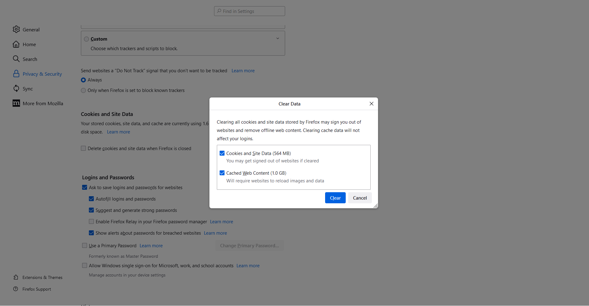Borrar la caché y las cookies en el navegador Mozilla Firefox.