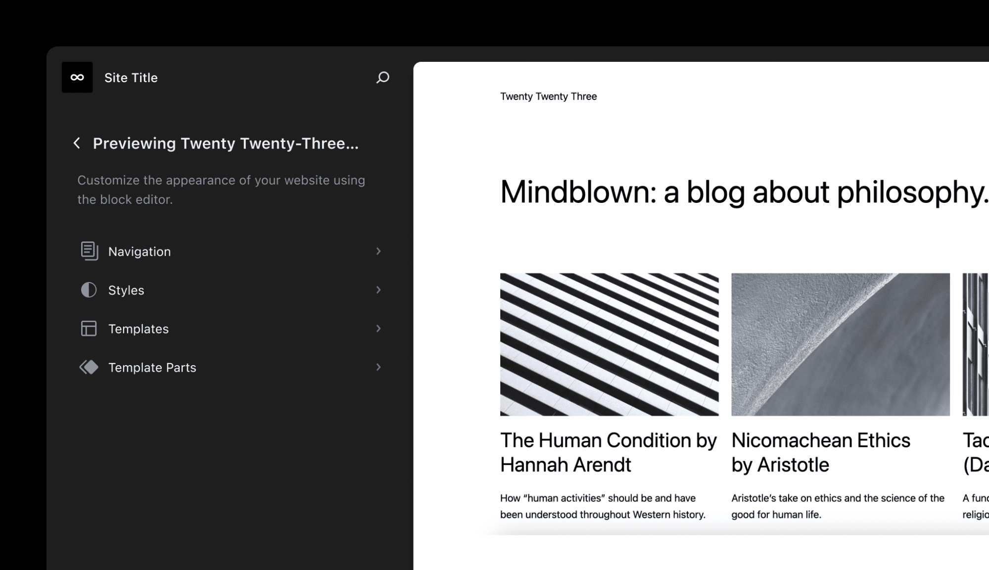 Vista previa del tema de bloques en Gutenberg 15.8.