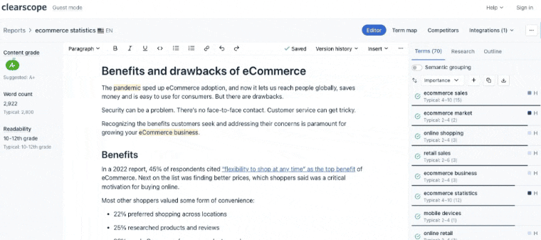 Clearscope le ayuda a incrustar palabras clave relevantes en su contenido.