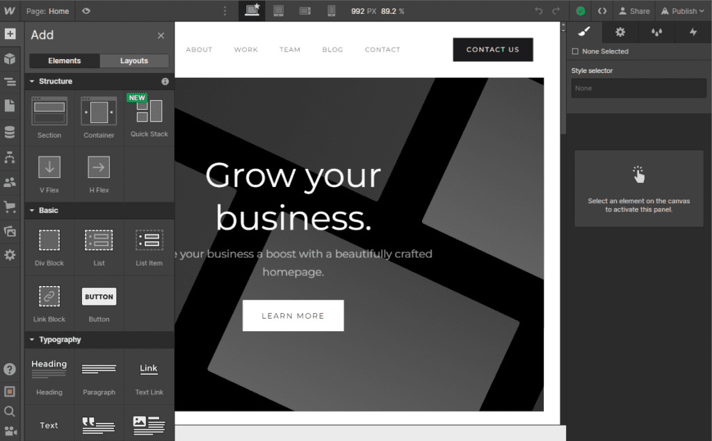 Un vistazo al editor de Webflow