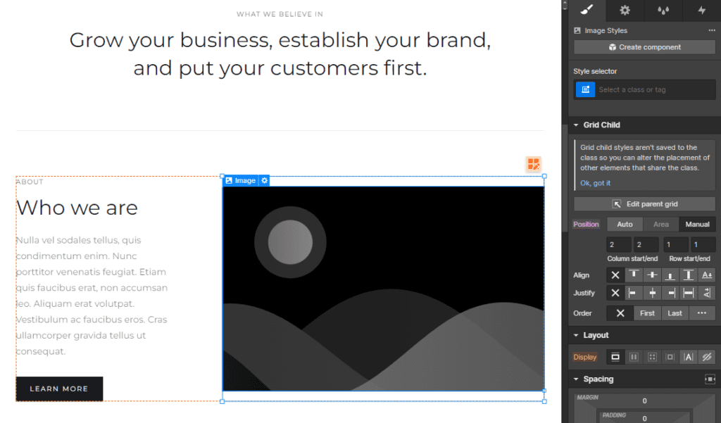 Opciones de diseño web en Webflow.