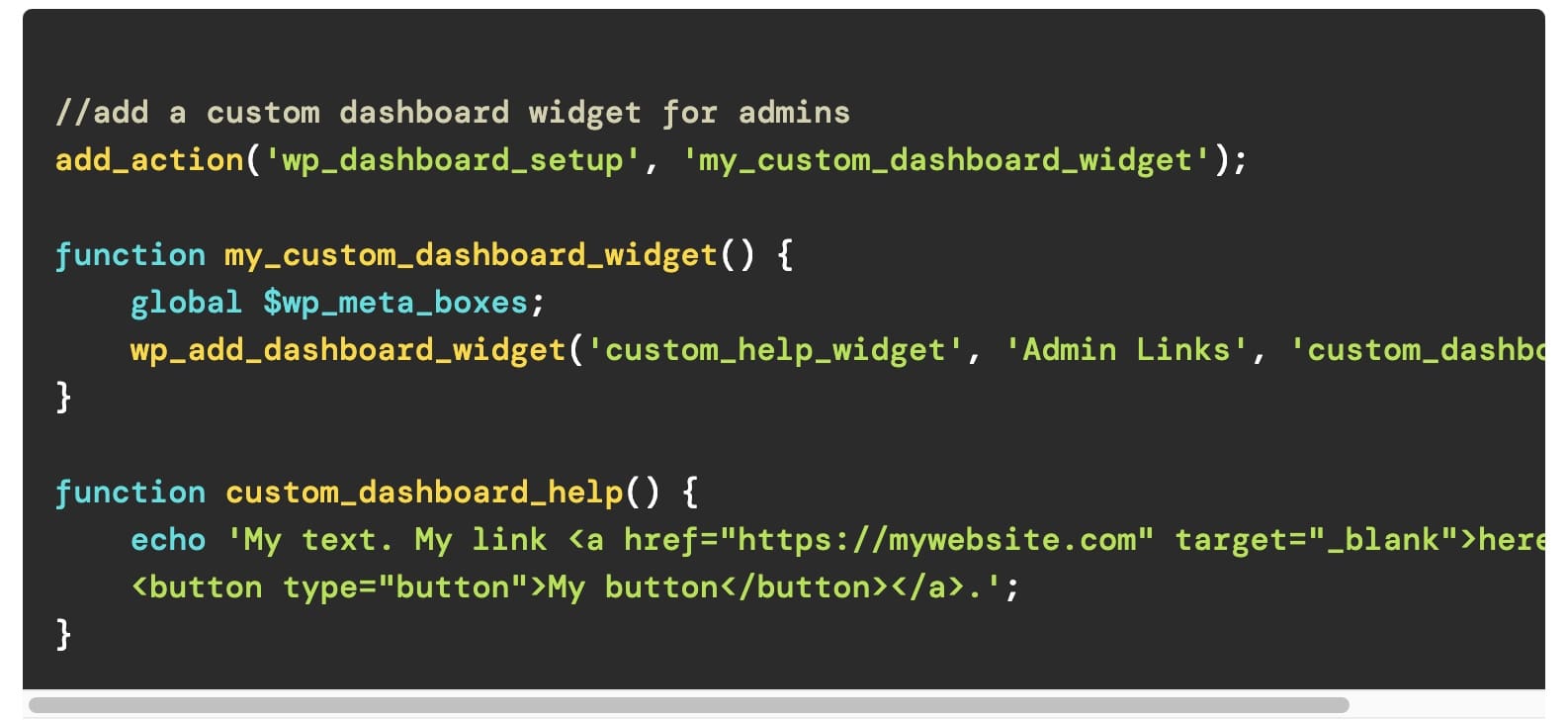 Parte del código personalizado para personalizar el panel de control de WP.