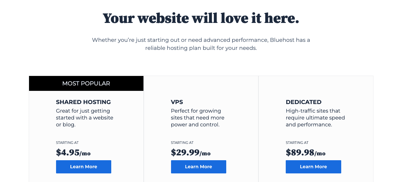 Hay varios planes de alojamiento asequibles de Bluehost.