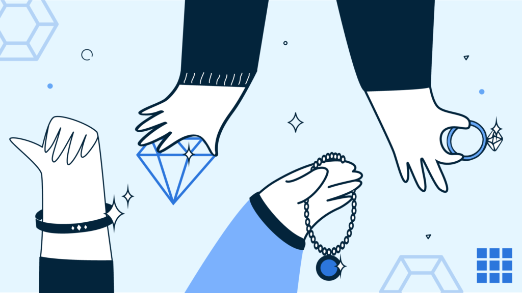 Ilustración de manos sosteniendo accesorios de joyería