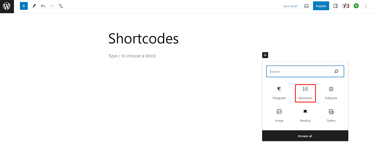 Añade el bloque de shortcode al editor de Gutenberg.