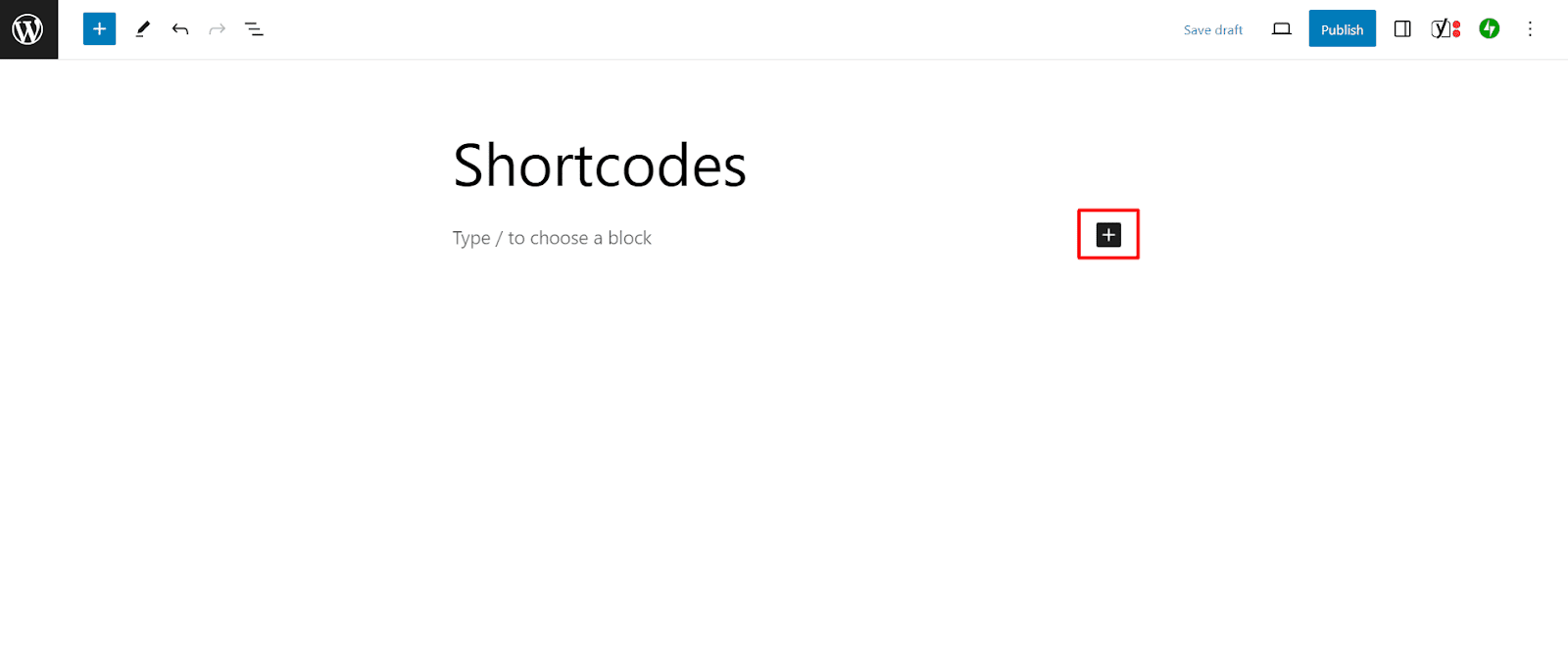 Haga clic en el icono más para crear un nuevo bloque de código corto.