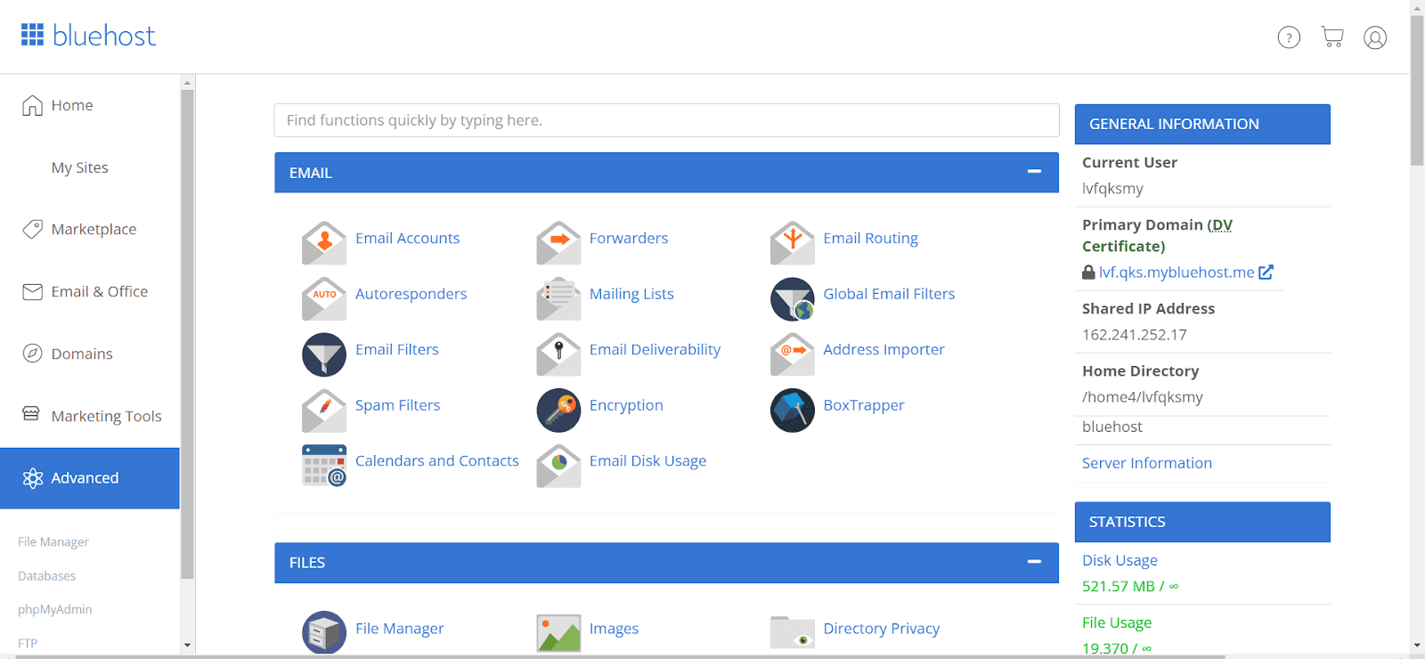 El cPanel de Bluehost ofrece una gama de herramientas para la creación de sitios web más complejos.