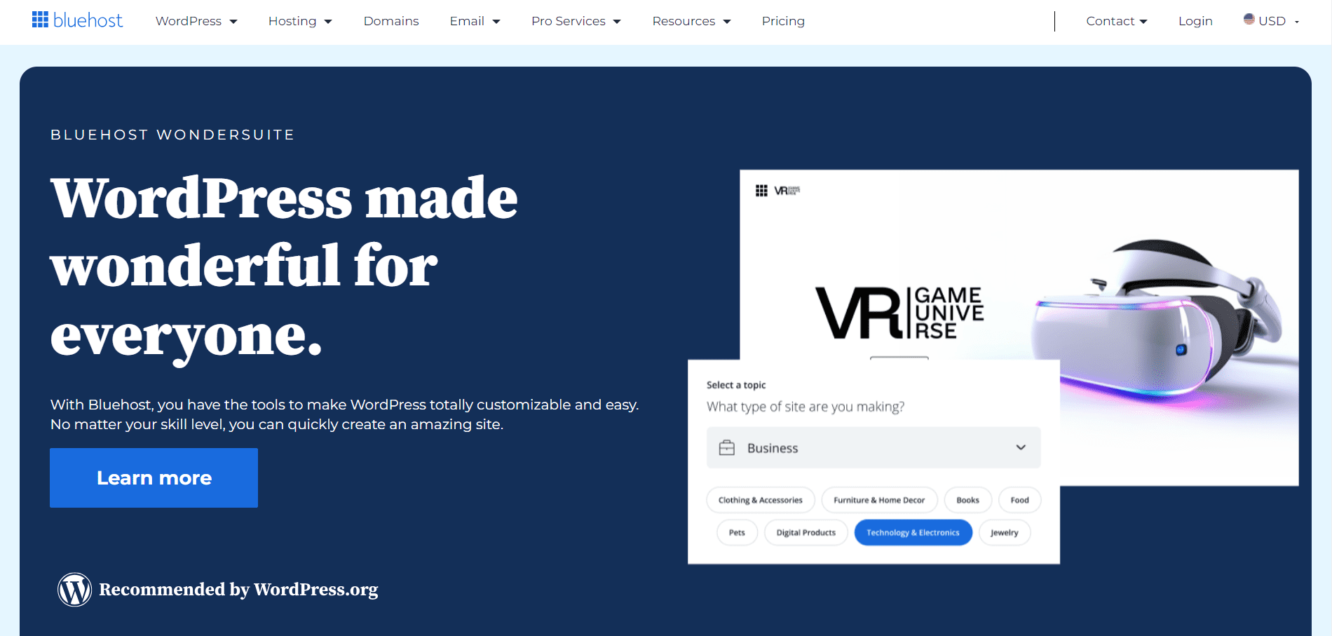 WonderSuite de Bluehost le permite crear sitios web personalizados sin usar código.