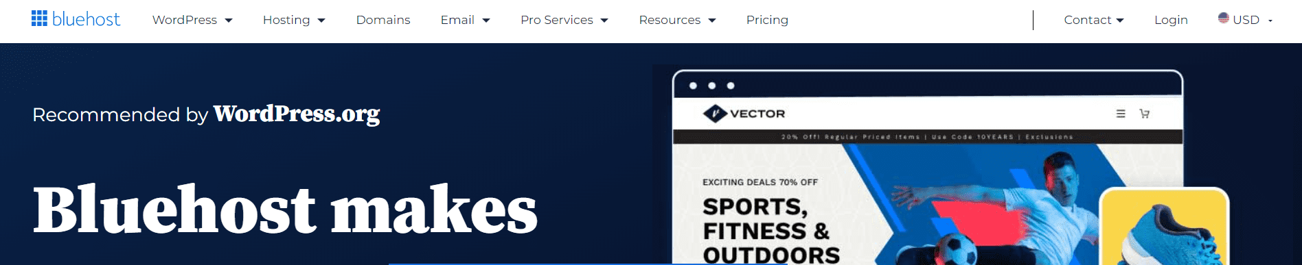 El encabezado del sitio web de Bluehost contiene el nombre de la marca, el logotipo y los menús de navegación.