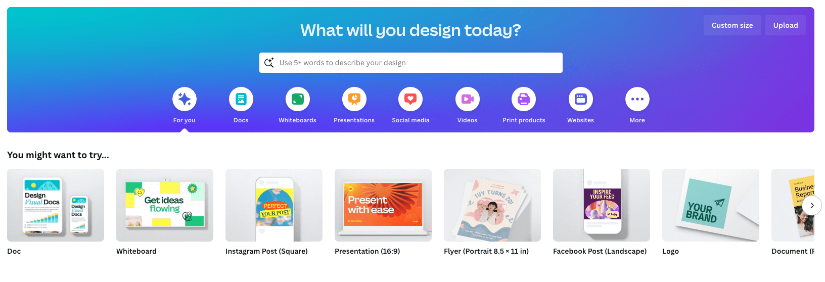 Una captura de pantalla del panel principal de Canva.
