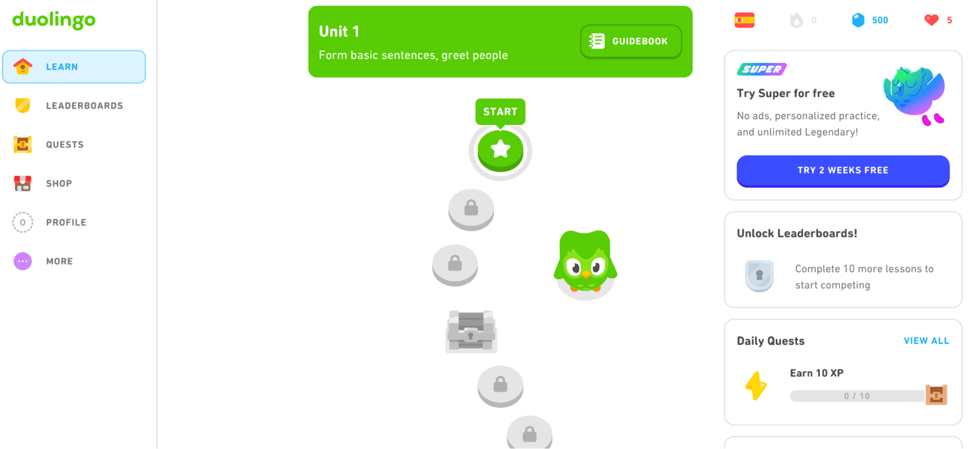 Una captura de pantalla de la interfaz de aprendizaje de Duolingo.