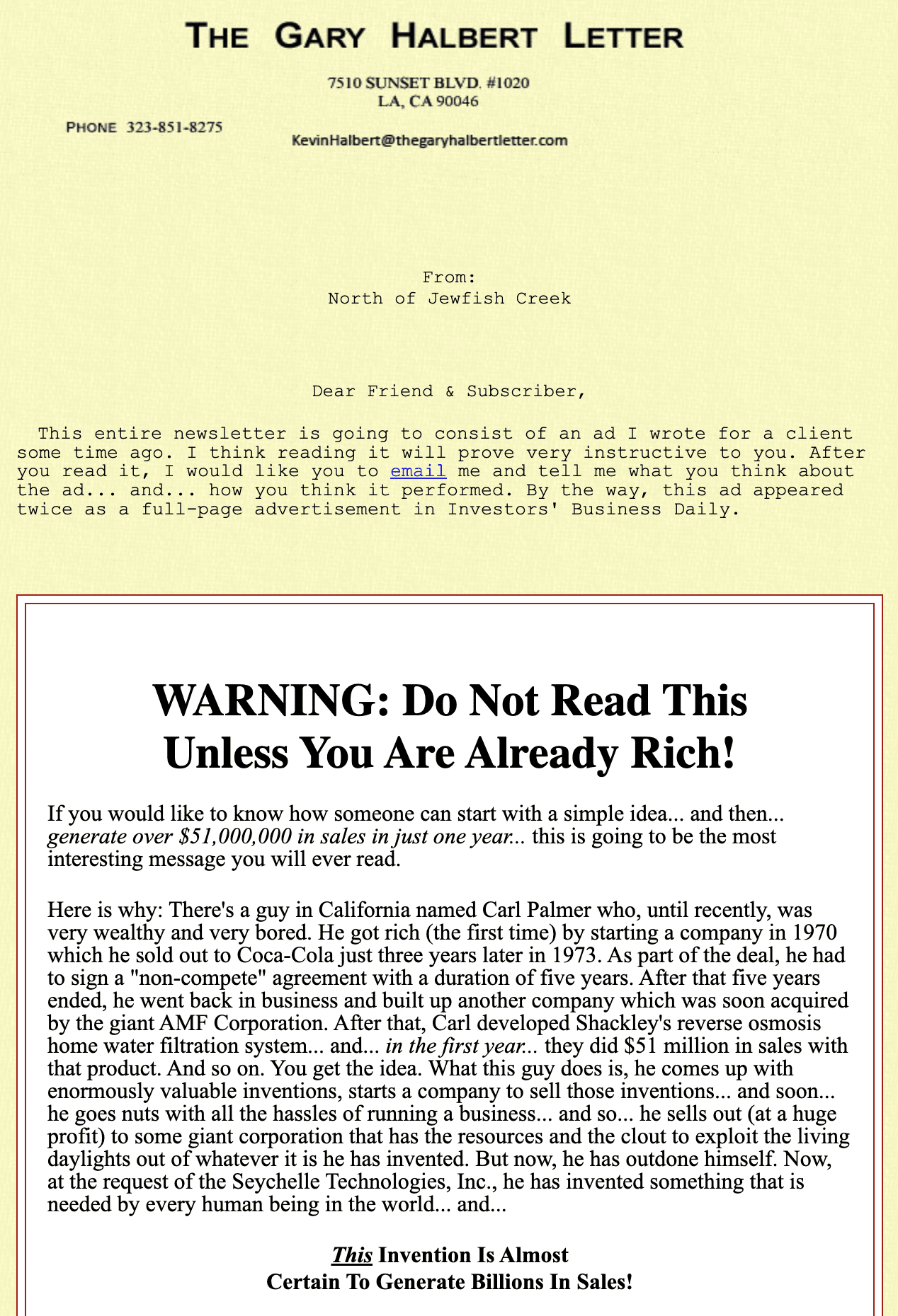 Captura de pantalla de un boletín informativo de Gary Halbert, un ejemplo de redacción publicitaria de marketing.