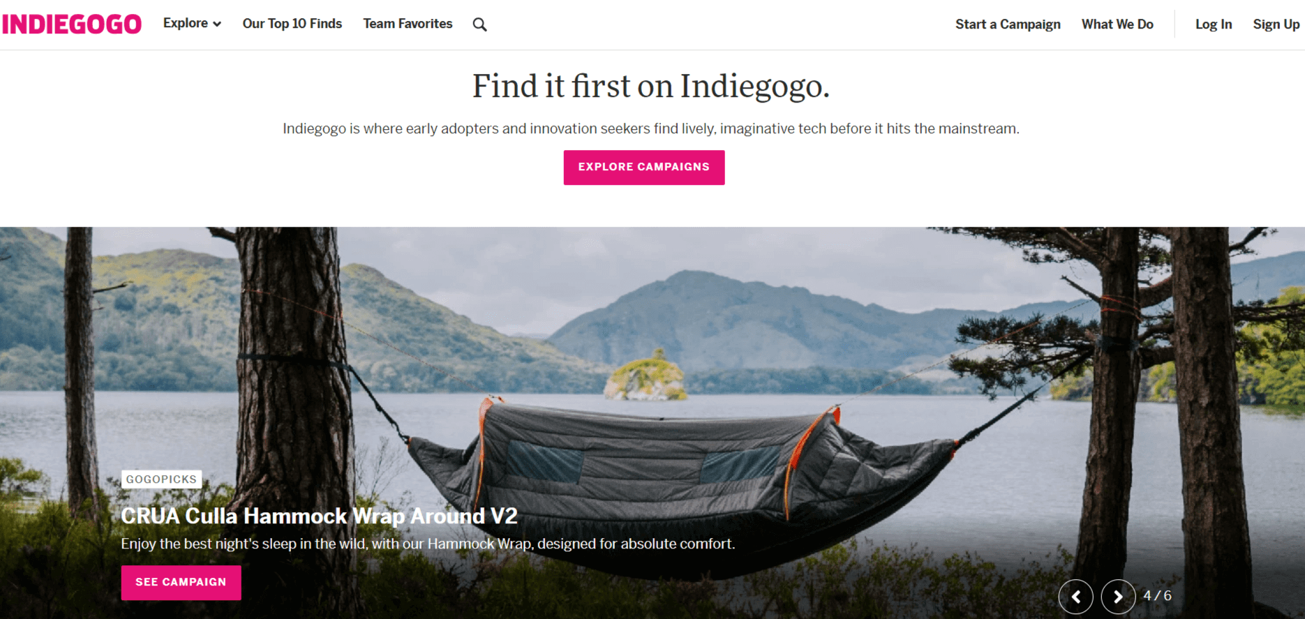 Página de inicio de Indiegogo.