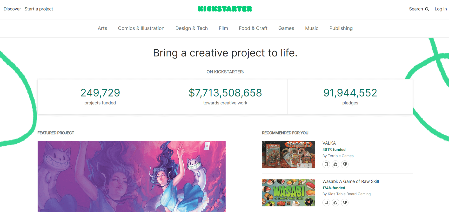 Página de inicio de Kickstarter.