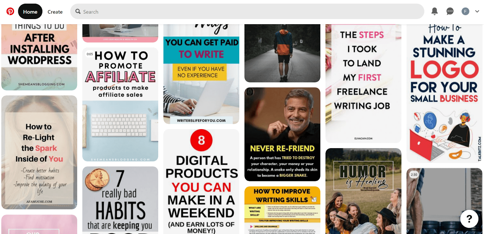 Feed de inicio de Pinterest.