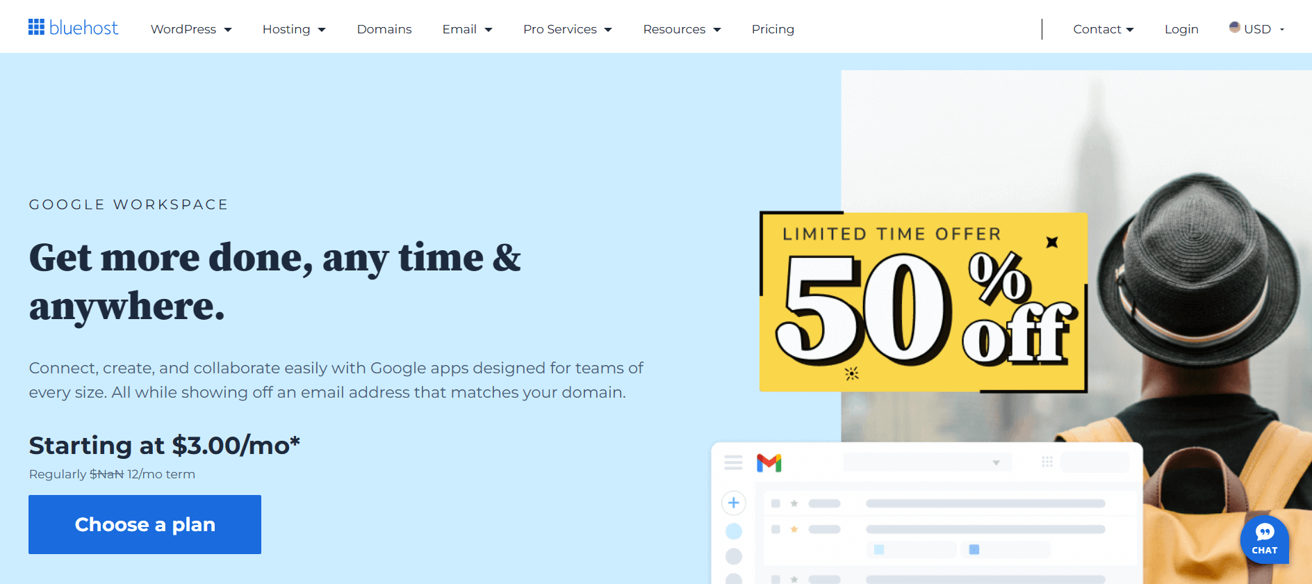 Bluehost se integra con Google Workspace para dar vida a sus correos electrónicos profesionales.