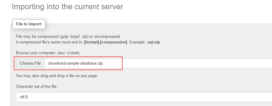Elija un archivo de base de datos para importarlo al servidor actual.