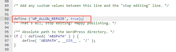 Introduce esta línea de código para reparar la base de datos de tu sitio web de WordPress.