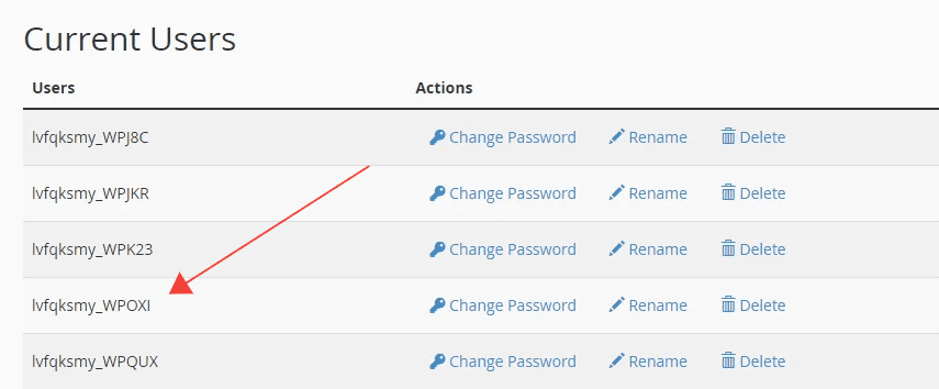 Busque el nombre de usuario de su base de datos en Usuarios actuales.