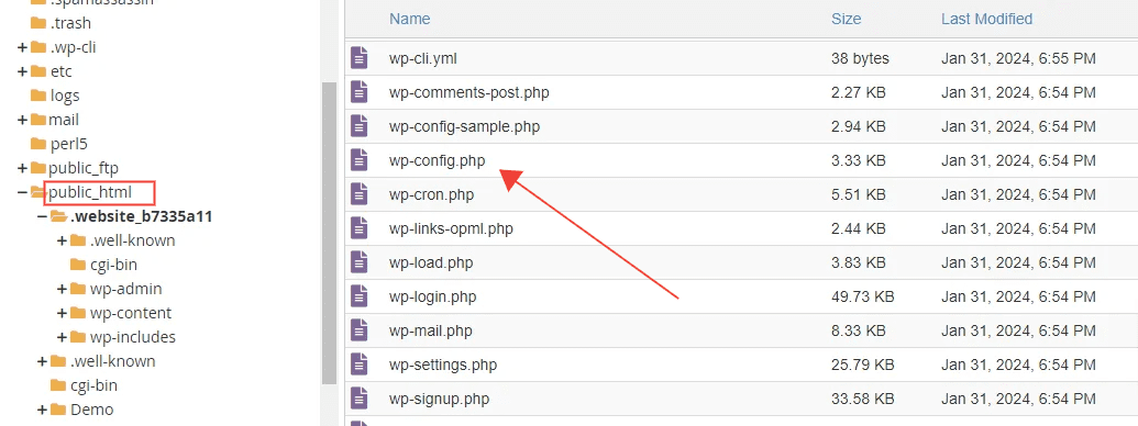 Busque el archivo wp-config.php en el administrador de archivos cPanel.