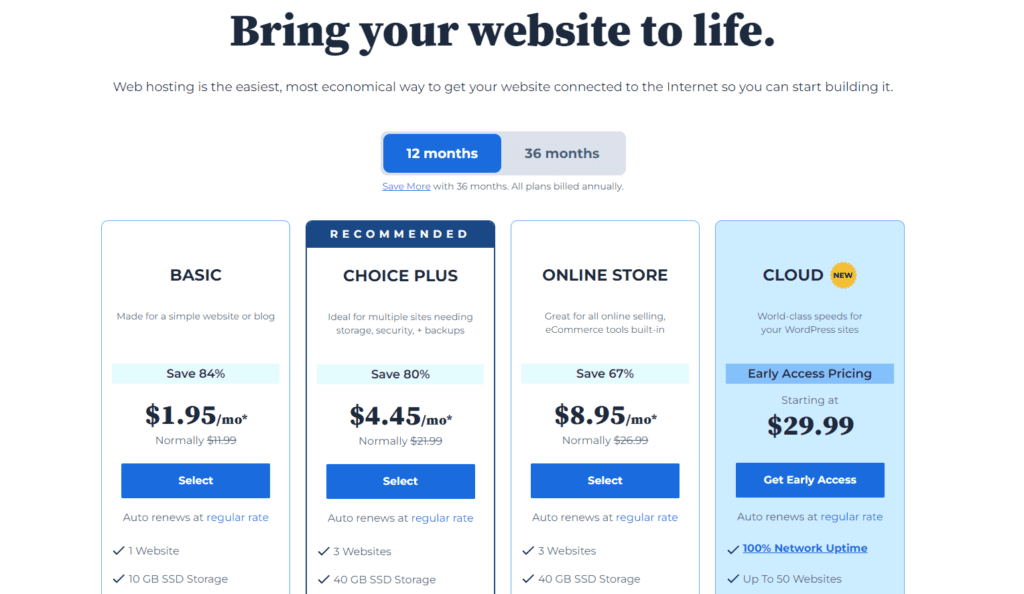 Todos los planes de alojamiento web  