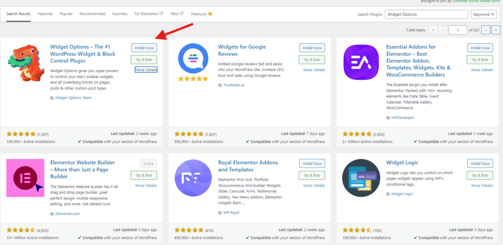 Opciones de widgets