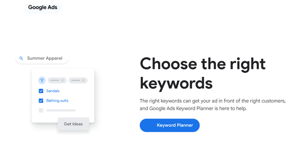 Página del planificador de palabras clave de google