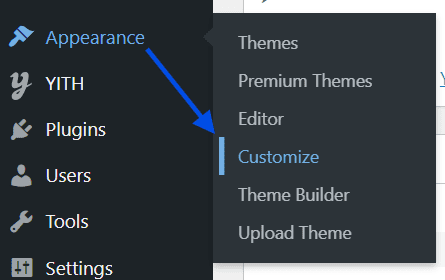 Seleccione Personalizador para personalizar el encabezado de WordPress