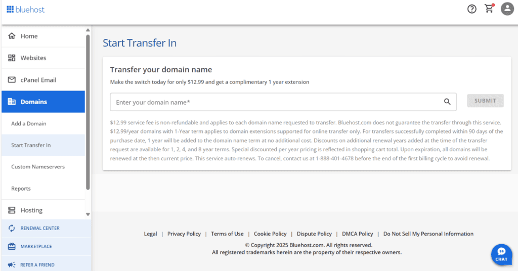 Iniciar la transferencia en Bluehost