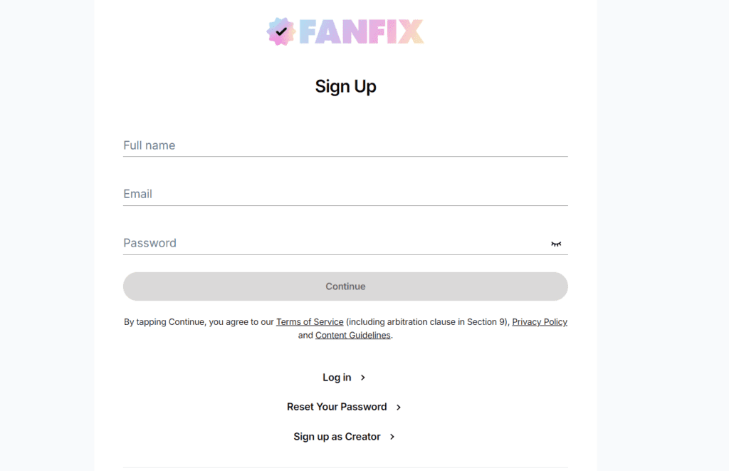 Página de inscripción a Fanfix