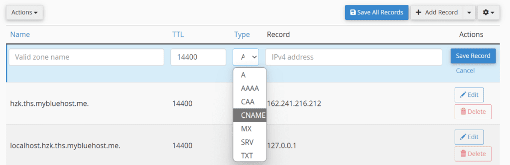 cómo agregar un registro CNAME en Bluehost