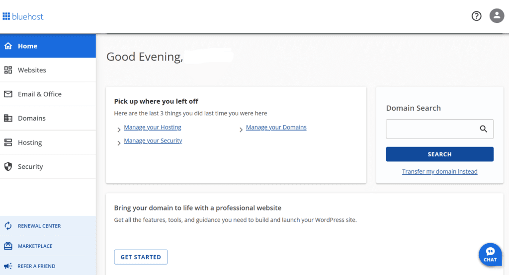 Tablero de Bluehost