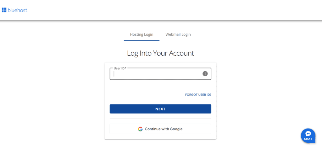Pantalla de inicio de sesión de Bluehost