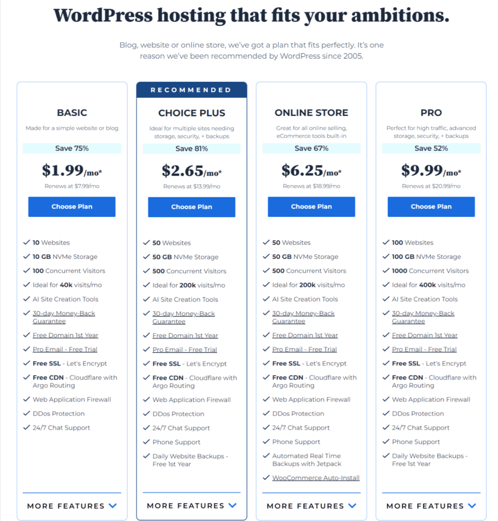 Plan de alojamiento de WordPress Bluehost
