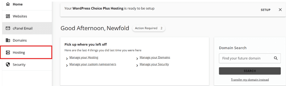 Haga clic en Hosting