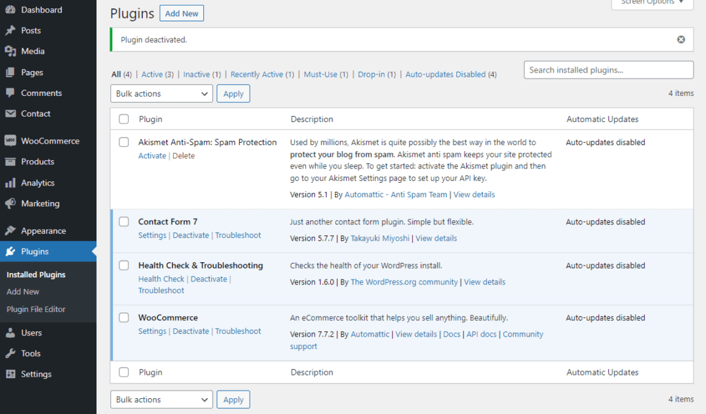 Desactivar plugins en WordPress